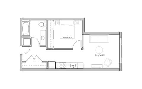 a floor plan of a small apartment with a bedroom and a living room